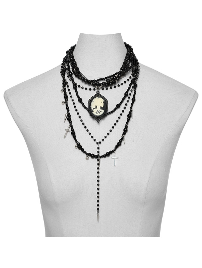 Black Gothic Cross Multi Layers Bead Chain Necklace