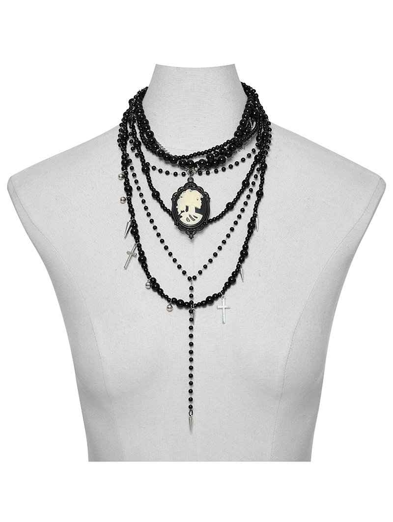 Black Gothic Cross Multi Layers Bead Chain Necklace