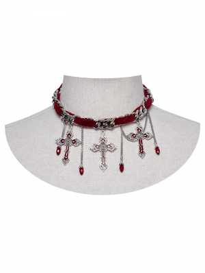 Red and Silver Gothic Gorgeous Cross Pendant Choker