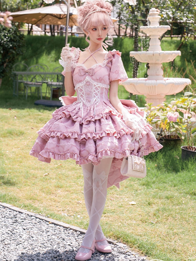 Champagne/Green/Pink Princess Bow Ruffle Sweet Lolita OP Dress