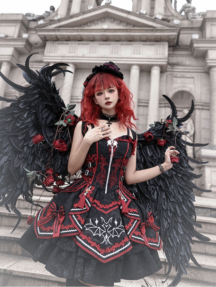 Black and Red Dark Bat Embroidery Zipper Gothic Lolita JSK Dress