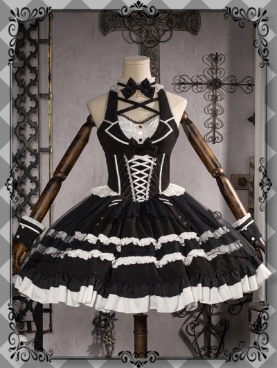 Black and White Elegant Retro Doll Halter Gothic Lolita JSK Dress