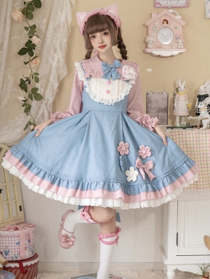 Blue and Pink Ruffle Bowknot Sweet Lolita JSK Dress and Blouse Set