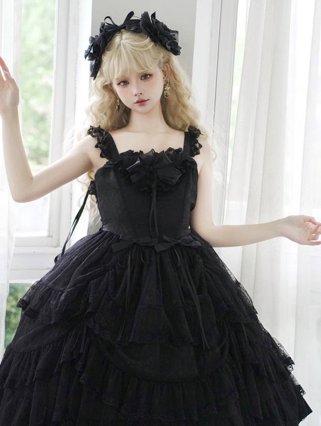 Black Tiered Ruffle Lace Overlay Retro Gothic Lolita JSK Dress