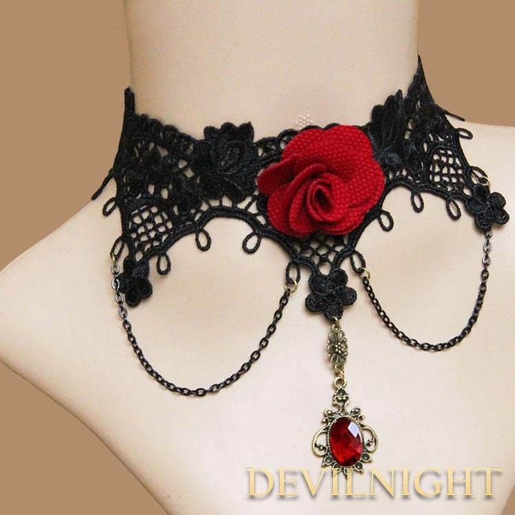 Black Lace Red Flower Pendant Gothic Necklace 