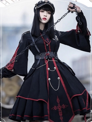 Black and Red Sanctioner Dark Military Gothic Lolita OP Dress Set