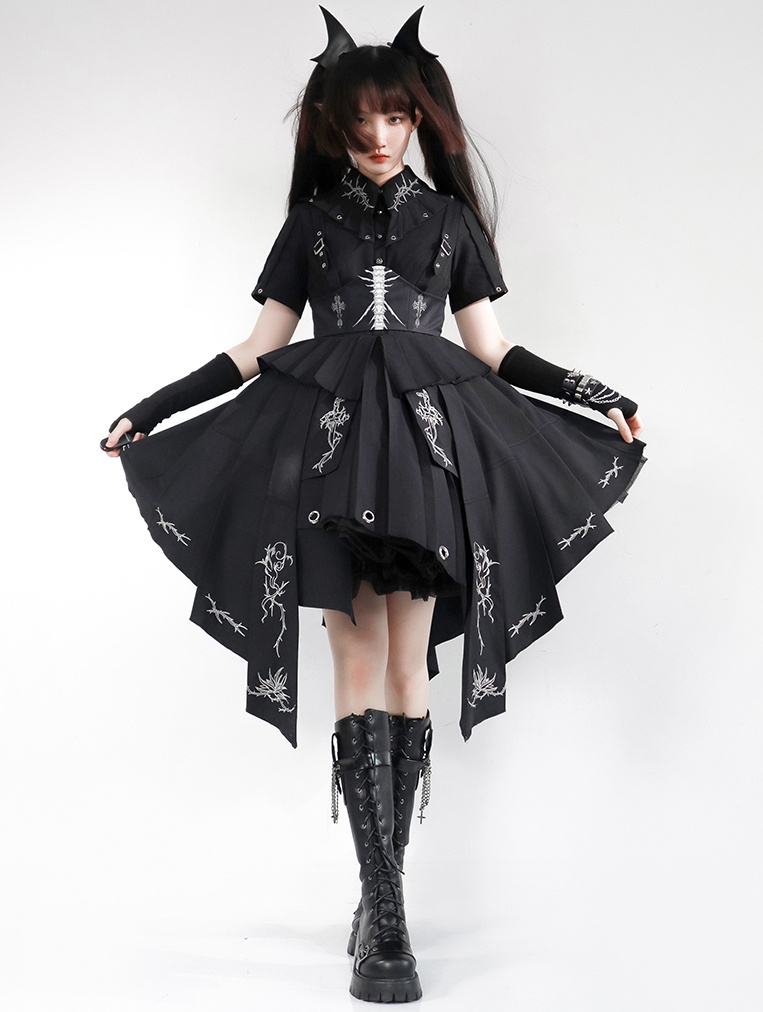 Black Thorns Embroidery Military Uniform Gothic Lolita OP Dress