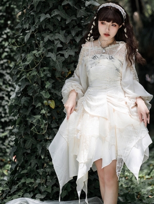 White Bamboo Leaves Print Drawstring Irregular Classic Lolita JSK Dress