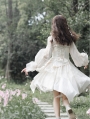 White Bamboo Leaves Print Drawstring Irregular Classic Lolita JSK Dress