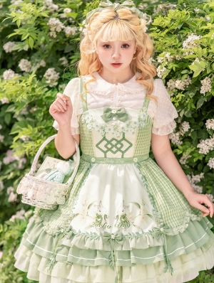 Green and White Floral Rabbit Print Sweet Country Lolita JSK Dress