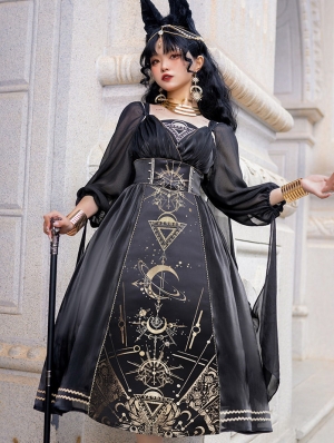 Black Horus Nightmare Print Ruffle Gothic Gorgeous Lolita JSK Dress