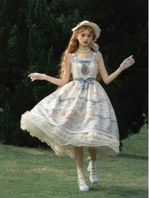 White and Blue Squirrel Hippophae Print Pastoral Classic Lolita JSK Dress