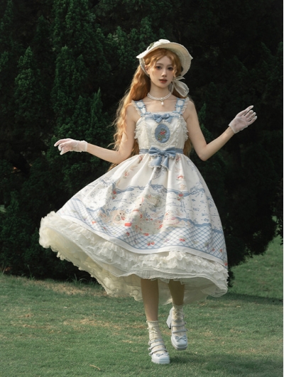 White and Blue Squirrel Hippophae Print Pastoral Classic Lolita JSK Dress