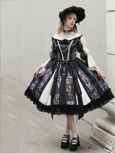 Black Stained Window Print Ruffle Bowknot Gothic Elegant Lolita OP Dress