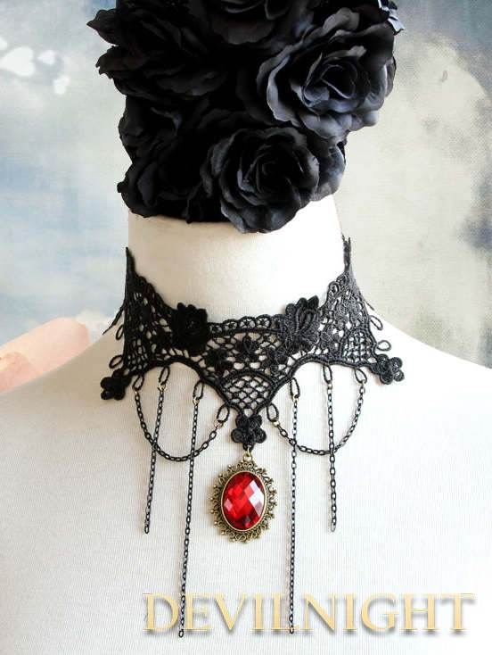 Black Lace Red Pendant Chain Gothic Vampire Necklace