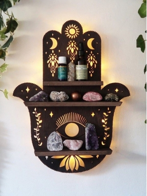 Black Gothic Hamsa Hand Wooden Wall Decor Floating Shelf