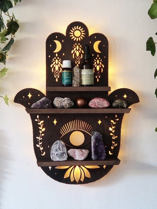 Black Gothic Hamsa Hand Wooden Wall Decor Floating Shelf