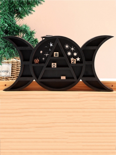 Black Gothic Moon Round Crystal Display Wooden Wall Shelf