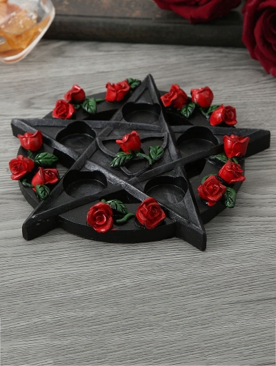 Black Gothic Retro Rose Pentagram Candle Holder