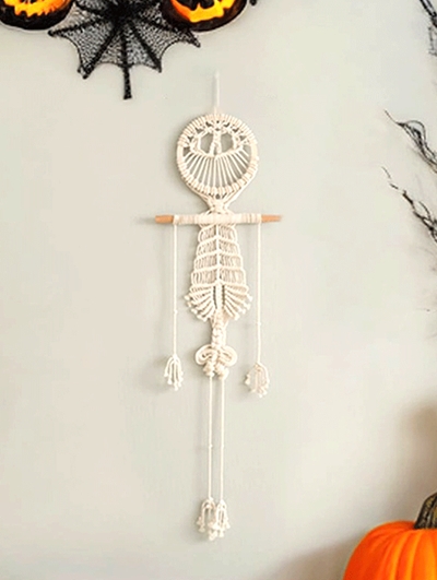 White Handwoven Halloween Witch Macrame Skull Tapestry