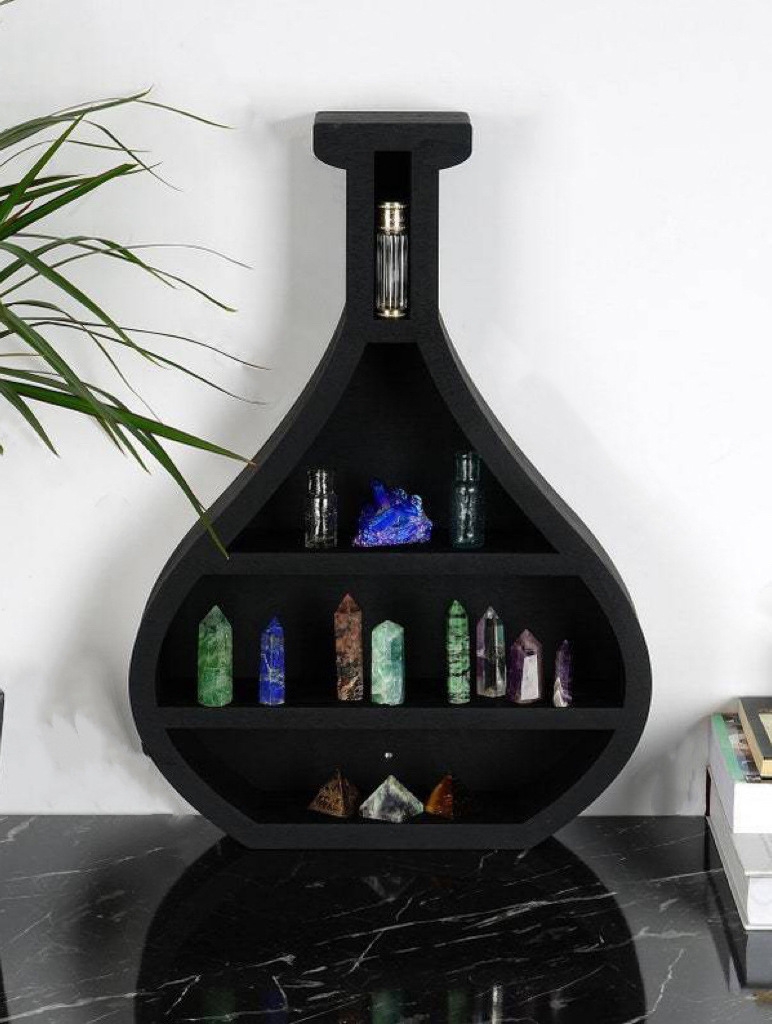 Black Gothic Vase Shaped Wooden Crystal Display Shelf