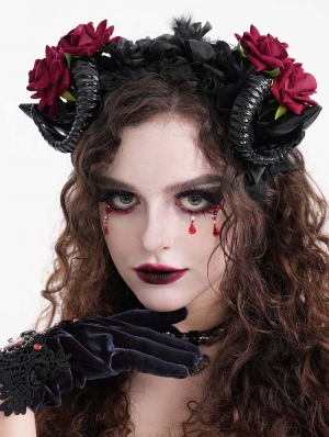 Black and Red Gothic Mesh Flower Sheep Horn Headdress