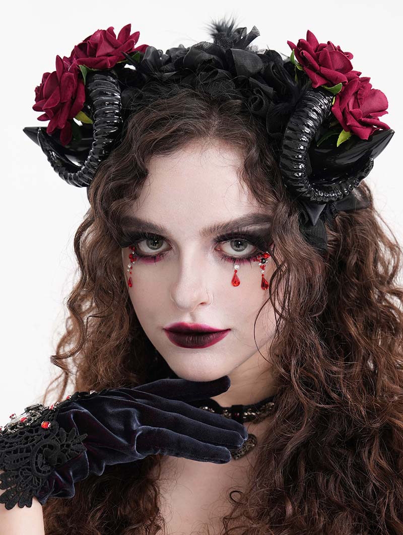 Black and Red Gothic Mesh Flower Sheep Horn Headdress