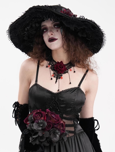 Black Gothic Wide Brim Lace Trim Floppy Hat for Women