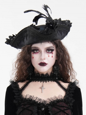 Black Gothic Lace Applique Feather Pirate Hat for Women