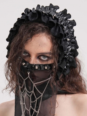 Black Gothic Faux Leather Frill Ribbon Bonnet Headband