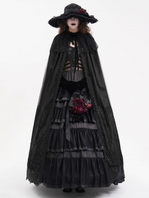 Black Gothic Embroidered Lace Hooded Long Cloak for Women