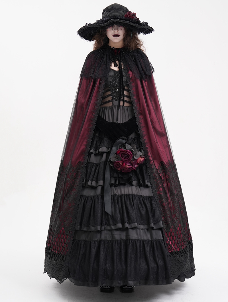 Wine Red Gothic Embroidered Lace Hooded Long Cloak for Women