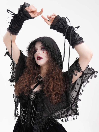 Black Gothic Spider Web Mesh Hooded Bat Cloak for Women