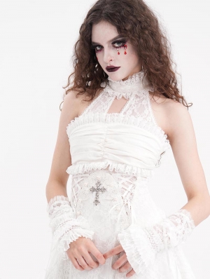 White Gothic Lace Ruffle Lace-Up Fingerless Gloves for Women