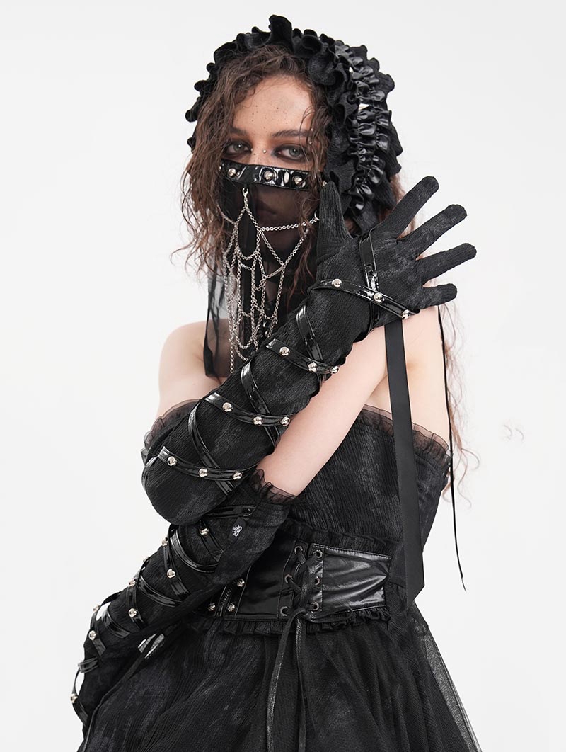 Black Gothic Punk Studded Cross Strap Opera Gloves for Women