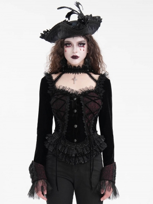 Black and Red Romantic Gothic Velvet Lace Short Jacket for Women