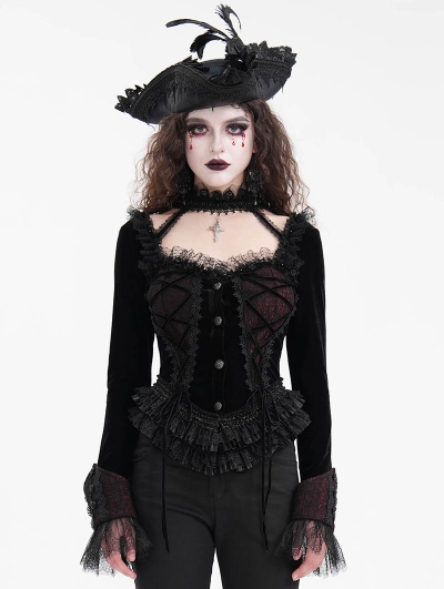 Black and Red Romantic Gothic Velvet Lace Short Jacket for Women