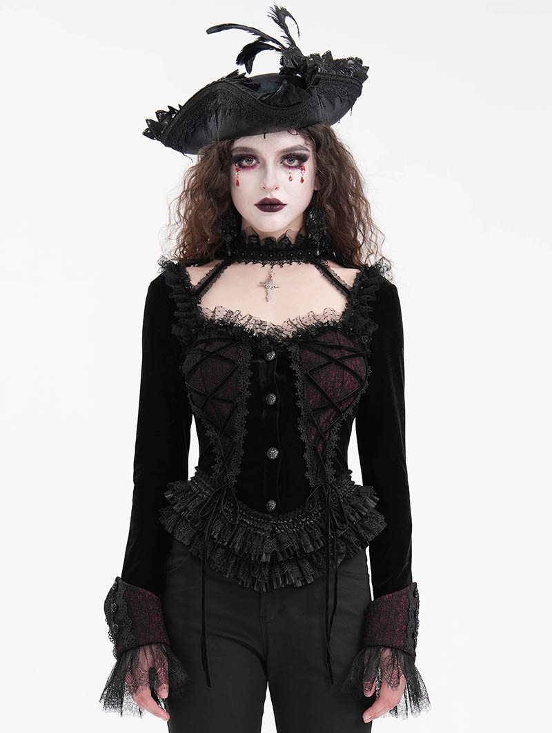 Black and Red Romantic Gothic Velvet Lace Short Jacket for Women