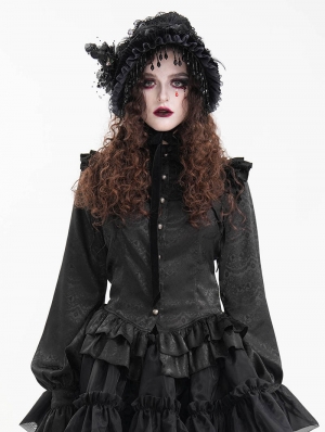 Black Gothic Vintage Lantern Sleeve Ruffle Shirt for Women