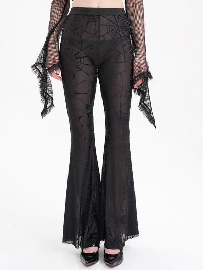 Black Gothic Sexy Spider Web Mesh Flared Pants for Women