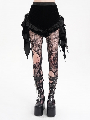 Black Gothic Ruched Ruffle Trim Velvet Hot Pants for Women