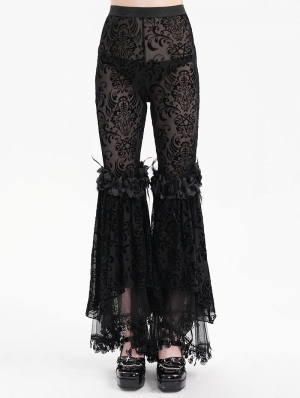 Black Gothic Floral Lace Mesh Patchwork Flared Pants for Women