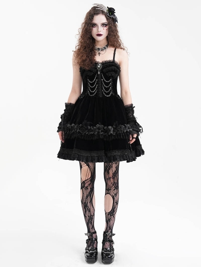 Black Gothic Velvet Chain 3D Flower Short Party Slip Dress