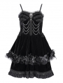 Black Gothic Velvet Chain 3D Flower Short Party Slip Dress