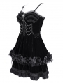 Black Gothic Velvet Chain 3D Flower Short Party Slip Dress