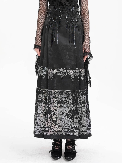 Black Gothic Gorgeous Floral Print Beaded Applique Pleated Maxi Skirt