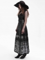 Black Gothic Gorgeous Floral Print Beaded Applique Pleated Maxi Skirt