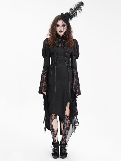 Black Vintage Gothic Hollow Out Long Puff Sleeve  Asymmetrical Slit Dress