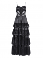 Black Gothic Sexy Retro Lace Trim Tiered Strappy Maxi Dress