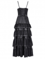 Black Gothic Sexy Retro Lace Trim Tiered Strappy Maxi Dress